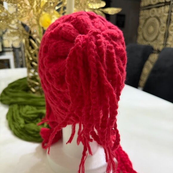 Red Knitted Winter Hat with Long Braided Tassels – Soft & Warm - Picture 5 of 7